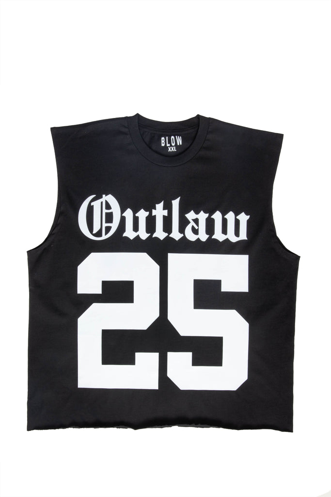 Black sleeveless outlaw 25 t-shirt